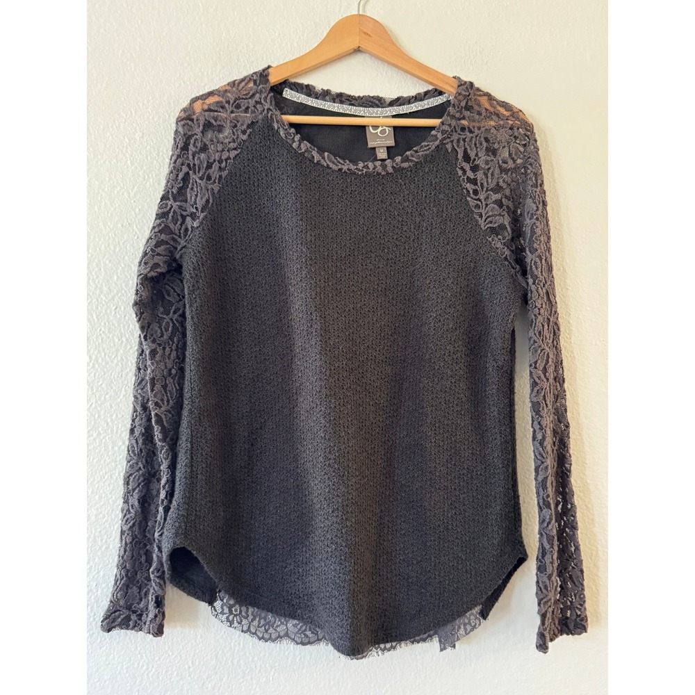 One September Anthropologie Lace Sleeve Knit Sweater Medium Charcoal Grey Exc